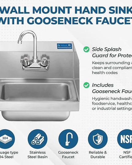 Express KitchQuip 15" x 17" Stainless Steel Wall Mount Hand Sink with Gooseneck Faucet & Side Splash – NSF Certified Commercial Handwashing Basin