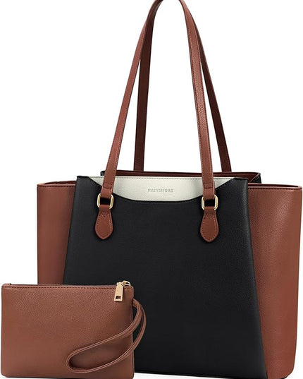 RAINSMORE Laptop Bag for Women 15.6 Inch Work Tote Bags Waterproof Computer Bags Leather Professional Laptop Purse Womens Laptop Briefcase Large Handbag for Office Teacher Travel, Black Brown White