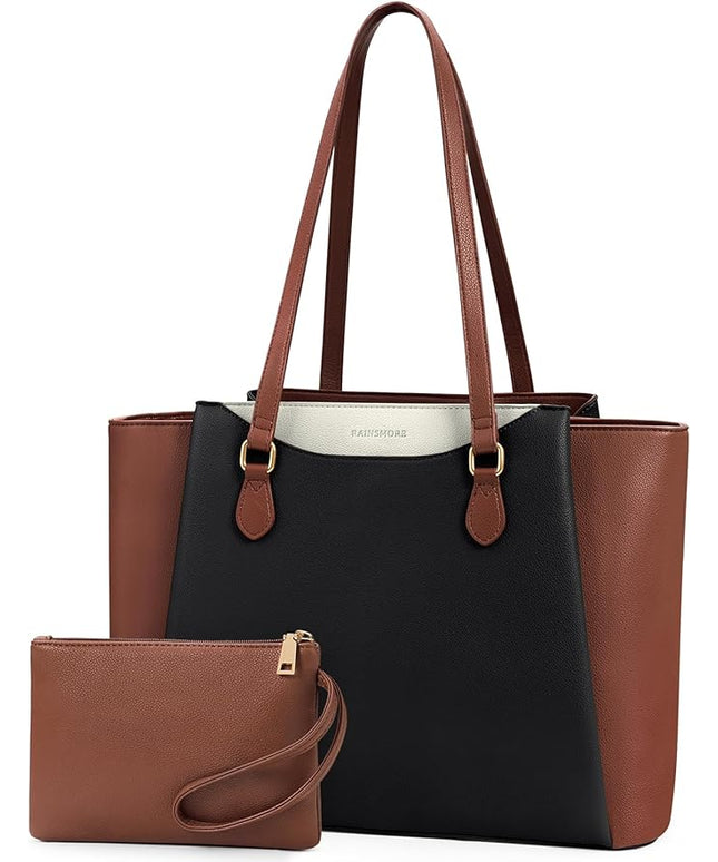 RAINSMORE Laptop Bag for Women 15.6 Inch Work Tote Bags Waterproof Computer Bags Leather Professional Laptop Purse Womens Laptop Briefcase Large Handbag for Office Teacher Travel, Black Brown White