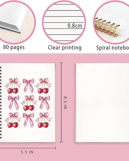 Coquette Bow Notebook Journal, cherry notebook,Preppy Aesthetic Journal, pink journal,Preppy Gifts for Women, pink school supplies, Hardcover Spiral Notebook 80 Sheets -160 Pages 5.5x8.3 Inch