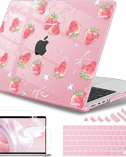 May Chen Case for MacBook Pro 14 inch, A2442 A2779 A2918 A2992 A3401 A3185 A3112 A3434, M1 M2 M3 M4 M5 (2021-2025 Release), Plastic Hard Shell Case with Keyboard Cover, Bow StrawberryBow Strawberry