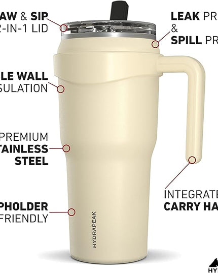 Hydrapeak Roadster 40oz Stainless Steel Tumbler Double Wall Vacuum Insulated Water Bottle With Handle And 2 in 1 Straw Lid (Modern Cream)