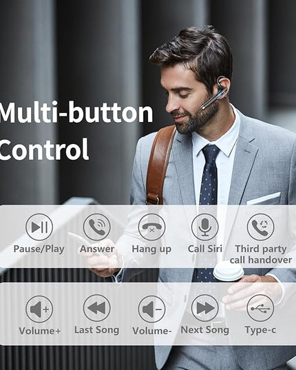Bluetooth Headset, 100Hrs Talk Time Dual Noise Cancellation Wireless Earpiece, V5.4 Built-in Mic & Mute Button 270° Rotatable Hands Free Headphones with 500mAh Charging Case for Business/Driving