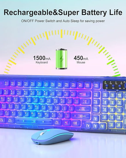 Blue Light Up Keyboard and Mouse Wireless,Cute 2.4Ghz Cordless Rechargeable Transparent Backlit Keyboard,15 Backlight Effects,Volume Knob,RGB Mouse with 3 DPI for Mac Computer PC Laptop Desktop iPad