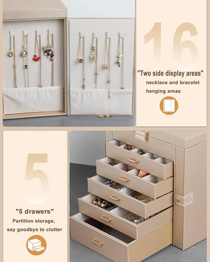 BOOVO Jewelry Box For women, 6 Layer Large Jewelry Organizer With Mirror, Multi-Function Storage Box With Lock, Necklace Holder With 5 Drawers, For Earrings Necklace Bracelet (Champagne Gold)