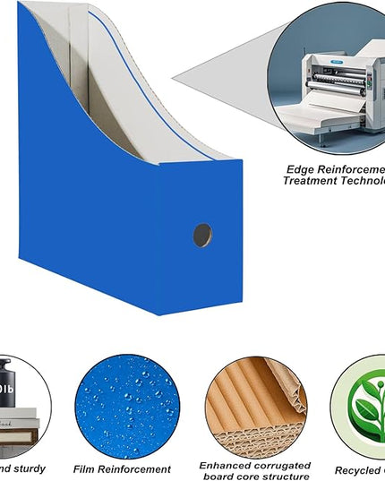 Limitliho 24 Pack Cardboard Magazine File Holder for Desktop ，Blue Book Bins for Classroom Library, Office or Home, Vertical Paper Boxes for Storage with Label(10.6" H x 10.2" L x 3.5" W in)