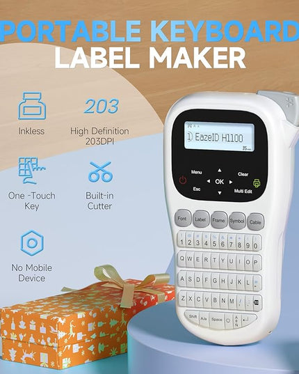 Label Maker Waterproof-Labels, Handheld Label Maker Machine with-Tape 12mm 0.47 Laminated White, Backlit Screen Multiple Fonts & Symbols, Portable Keyboard Labeler for Home Office School Use, H1100