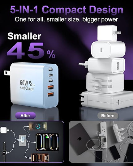 USB C Fast Wall Charger Block, 2Pack 60W USBC Charging Cubes, 5-Port PD+QC Power Adapter Multiport Brick Type C Box Plug for Phone 16/15/14/13/12/11/Pro Max/Plus, Pad Mini/Pro/S25/S24