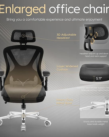 750lbs Big and Tall Office Chair,Heavy Duty Office Chair with 5D Flip Arms and Adjustable Lumbar Support, Ergonomic Mesh High Back Desk Chair, Ergonomic Executive Home Office Computer Chair