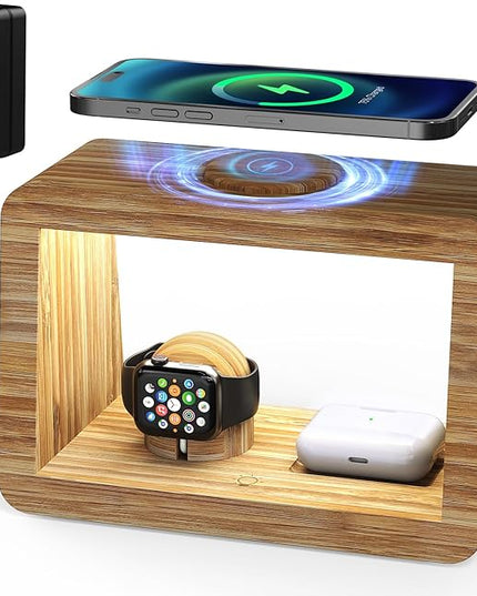 Bamboo Wireless Charging Station 4-in-1 Wireless Charger with Nightlght, Compatible with iPhone 17/16/15/14/13/12 Pro Max/X/Xs Max/8, AirPods 4/3/ & AirPods Pro3/2/1, Apple Watch Series