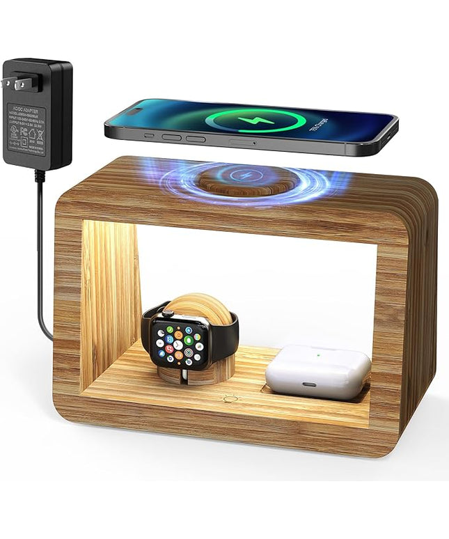 Bamboo Wireless Charging Station 4-in-1 Wireless Charger with Nightlght, Compatible with iPhone 17/16/15/14/13/12 Pro Max/X/Xs Max/8, AirPods 4/3/ & AirPods Pro3/2/1, Apple Watch Series
