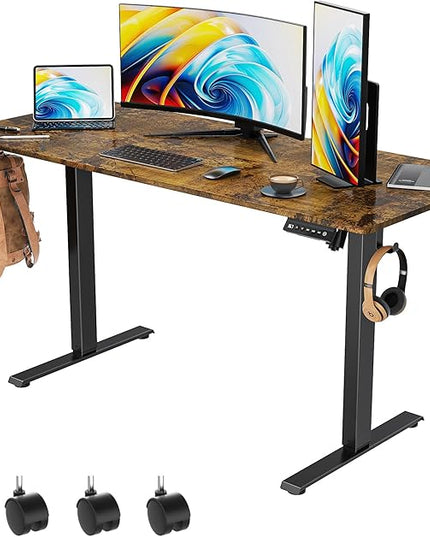 55 x 24 inch Electric Standing Desk Adjustable Height with 4 Wheels, 4 Memory Height Settings, 2 Headphone Hook, for Home Office, Splice Board Brown