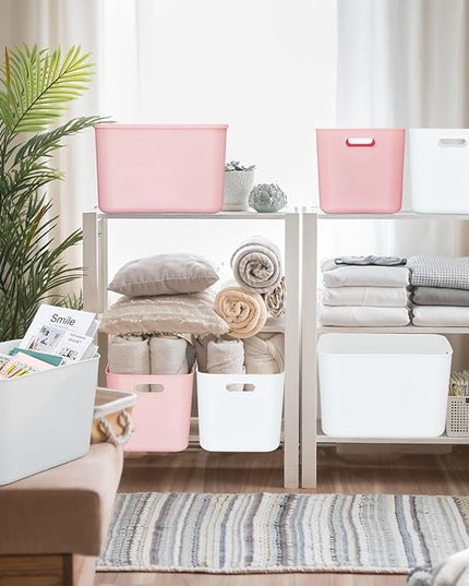 Hoolerry 8 Pieces Colorful Storage Bins with Lid, Plastic Storage Basket Organizing Container Stackable Box with Handle for Shelves Desktop Playroom Office(14.2 x 10.2 x 9.5 Inch,White and Pink)