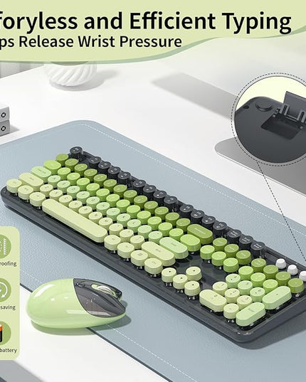 Wireless Keyboard and Mouse, MOFII 104 Round Keycaps Retro Typewriter with OTG & Brush, Full-Size Ergonomic, Ideal for Windows PC, Home, Office and College Gray Green