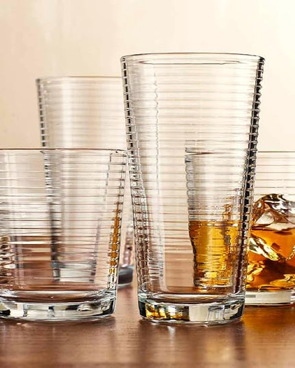 Glaver's Drinking Glasses Set of 12. Everyday Drinking Glasses. Mixed Drinkware Sets 6-17 oz Tall Kitchen Glass Cups, and 6-13 Oz Rocks Glasses. Ribbed Glassware Sets for Cocktail Beer Juice Water.