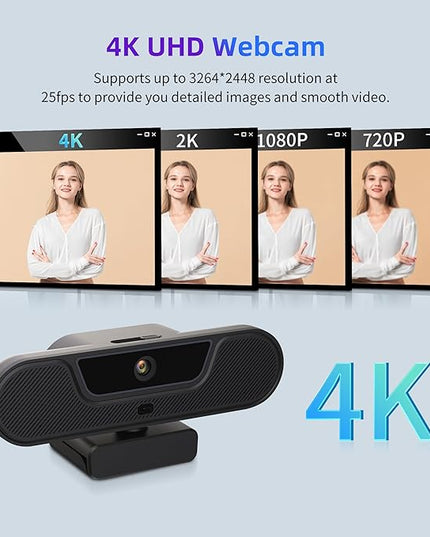 4K Webcam, UHD PTZ PC Camera with Speaker and 4 Microphones, Supporting Remote Control, Digital Zoom, Autofocus, Privacy Cover and Tripod, for Video Calls and Conferences and Live Streaming