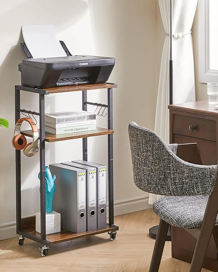 YMYNY Mobile Printer Stand, 3-Tier Printer Cart with Adjustable Storage Shelf and 6 S-Hooks, Tall Printer Table for Home Office, for Computer Tower Stand, Shredder, CPU Stand, Rustic Brown, UHPT002H