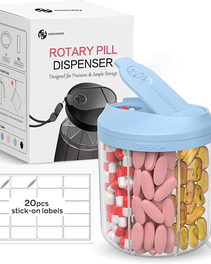 Pill Dispenser with 7 Large Compartments, 4.4" H x 3.6" Dia Pill Bottle Organizer for Travel, Supplement Organizer with Anti-Mixing Design, BPA-Free Pill Container with 20 Pcs Labels, Blue