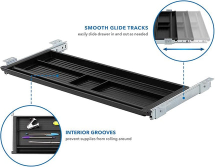 Mount-It! Under Desk Pencil Drawer – Sliding Hidden Storage Tray for Office Supplies, 4-Compartment Organizer with Smooth Glide Rails, Fits Wood Desks, 21.2” Wide, Black