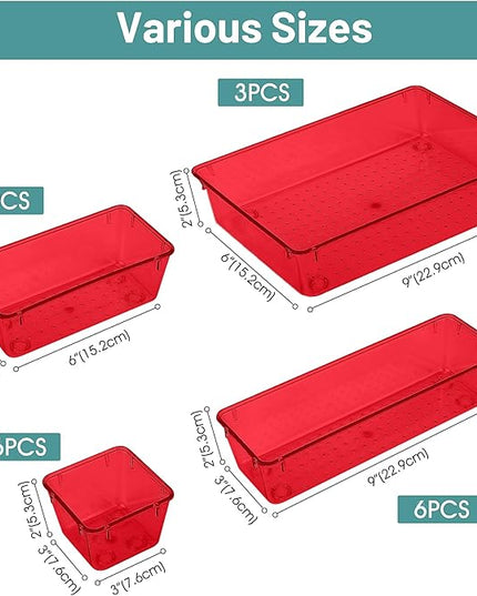 WOWBOX 25 PCS Plastic Drawer Organizer Set, 4 Sizes Desk Drawer Divider Organizers and Storage Bins for Makeup, Jewelry, Gadgets for Kitchen, Bedroom, Bathroom, Office, Clear Red
