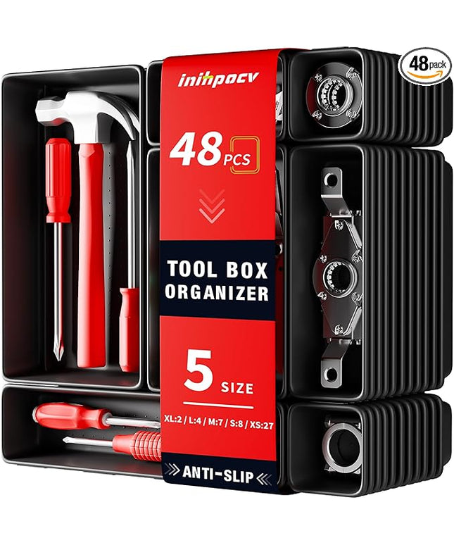 【48PCS & 5 Sizes】 Tool Box Organizer Tray, Toolbox Drawer Organizer with Non-Slip Pads, Desk Drawer Divider Set, Fits Rolling Tool Chest Cabinet for Garage & Workbench