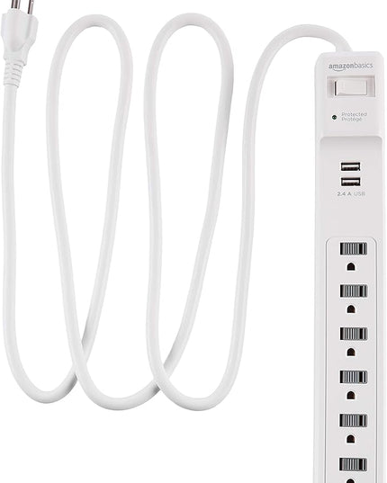 Amazon Basics Power Strip Surge Protector with 6 Outlets, 2 USB Ports, 1000 Joule Protection, 6-Foot Extension Cord, White