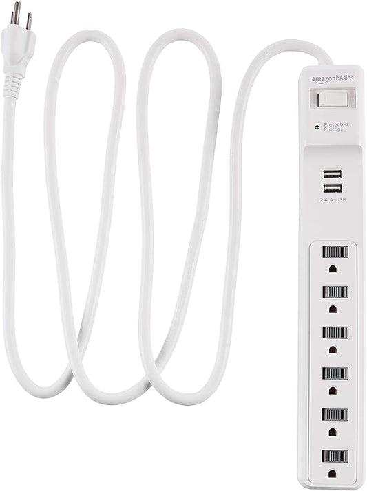 Amazon Basics Power Strip Surge Protector with 6 Outlets, 2 USB Ports, 1000 Joule Protection, 6-Foot Extension Cord, White