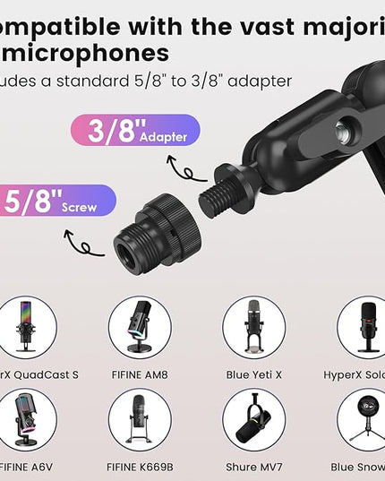 Adjustable Microphone Boom Arm for Lightweight Mics, 30-inch Rotatable Desk Stand with Cable Management & 3/8" 5/8" Threads, Space-Saving Design for Streaming, Podcasting, Gaming (Black)