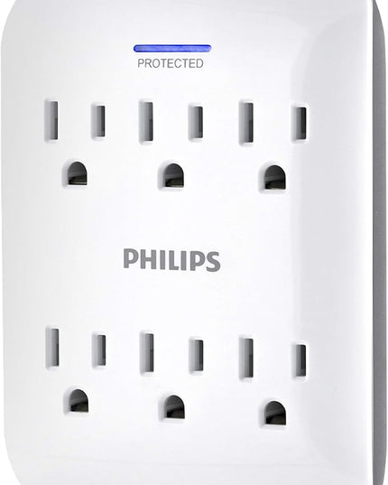 Philips 6-Outlet Extender Surge Protector, Wall Tap, 900 Joules, 3-Prong, Space Saving Design, Protection Indicator LED Light, ETL Listed, White, SPP3461WA/37