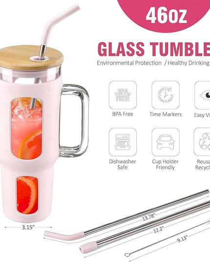 Glass Tumbler with Lid and Straw, 46 oz Iced Coffee Cup with Handle, Large Water Bottles with Silicone Sleeve, Glass Cup with Straws - Pearl Straw & Drinking Straw BPA Free-CottonPink