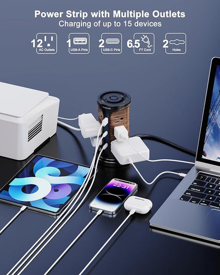 Flat Plug Surge Protector Power Strip Tower with 12 Outlets 3 USB(2 Type C), 6.5 FT Ultra Flat Extension Cord with Multiple Outlets, Charging Station with Screw Wall Mount for Home Office Dorm