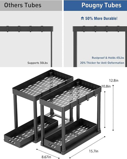 2PC Under Sink Organizer Rack 2 Tier Under Sliding Cabinet Basket Organizer Drawer with 4 Hooks, Multi-purpose Under Sink Storage for Bathroom Kitchen Desktop（Black）