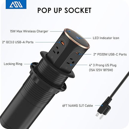ANNQUAN Motorized Pop Up Countertop Receptacle with 15W Wireless Charger,Max 20W Power Delivery,3.15" Automatic Pop Up Electrical Outlet with 4 Outlets 4 USB Ports for Home Office Kitchen