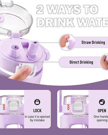 BLUEGO 40oz Glass Tumbler with Lid and Straw, Glass Water Bottles with Handle, Glass Cup with Time Marker and Silicone Sleeve, Fits Most Cup Holder, Leak-proof, Purple