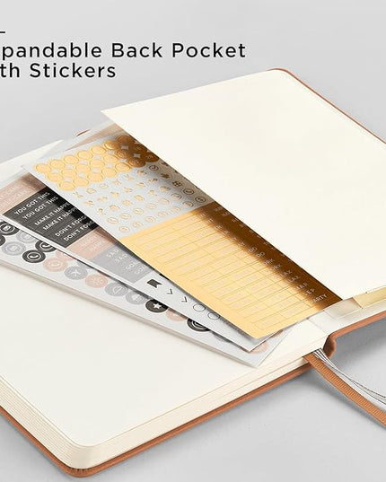 &And Per Se Dotted Journal Notebook, A5 Hardcover Leather Bullet Dotted Journal, 160 Pages 100 gsm Thick Paper, 3 Sheets of Stickers Included- 5.7'' x 8'' (Light Brown)