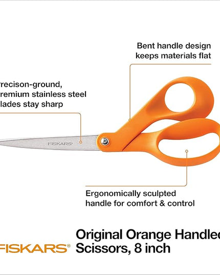 Fiskars 8" Original Orange-Handled Stainless Steel Scissors, Ergonomic and Keeps Material Flat, Sharp All-Purpose Paper and Fabric Scissors for Office, Arts, and Crafts
