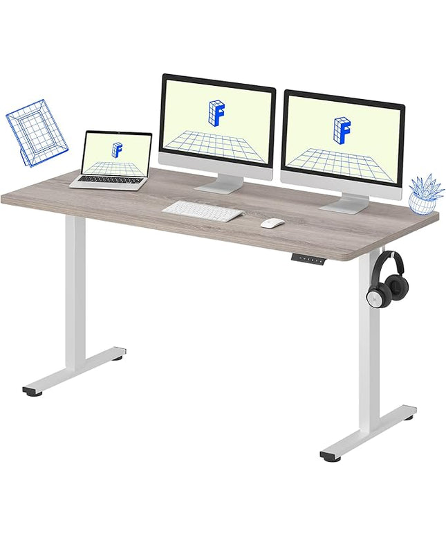 FLEXISPOT EN1 One-Piece Standing Desk with 1-Inch Thick Seamless Desktop, 60"x24" Electric Height Adjustable Desk for Home Office, Multi-Monitor Setups & Easy Assembly, Gray Wood