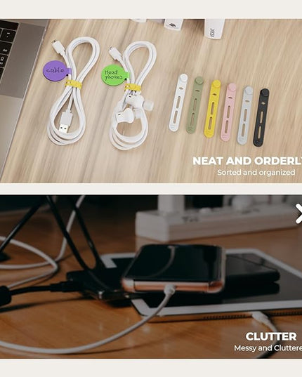36-Pack Silicone Cable Ties and Cable Labels Sets, 24 Silicone Cord Ties+12 Identification Cord Labels，Reusable Wire tie and Wire Tags for Cable Management (Black+White)