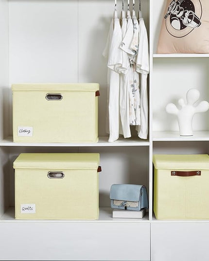 17" Large Collapsible Storage Bins with Lids, Stackable Closet Organizers with PU Handle and Labels, 3-Pack Decorative Fabric Storage Boxes for Home, Bedroom, Closet, Office, Nursery(Beige)