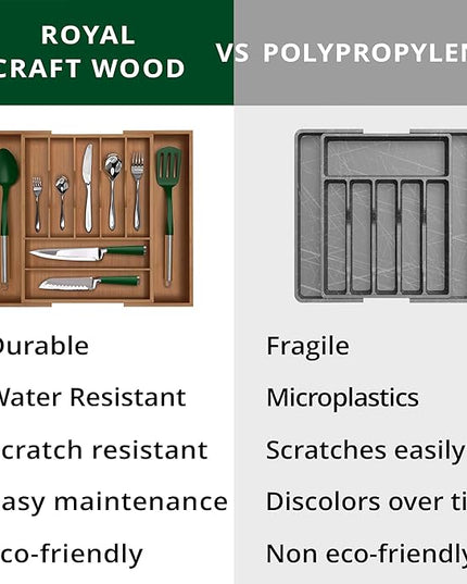 ROYAL CRAFT WOOD Luxury Bamboo Kitchen Drawer Organizer - Silverware Organizer - Utensil Holder and Cutlery Tray with Grooved Drawer Dividers for Flatware and Kitchen Utensils (9 Slot, Brown Bamboo)
