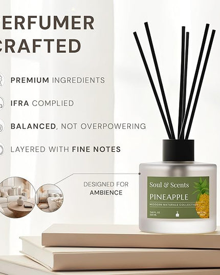 Soul & Scents Reed Diffuser Set – Pineapple | 7.43 oz Refillable Scented Oil with 6 Fiber Sticks | Long-Lasting Home Fragrance & Air Freshener for Bedroom, Bathroom, Office | Gift & Décor Piece