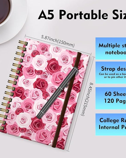 Spiral Journal Notebook, A5 Cute Notebooks for Women Men, College Ruled Hardcover Notebook for Work & Note Taking, 60 Pages Double-Wire Journals for Writing, Cute Pink Rose
