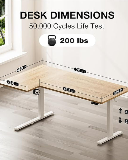 Muvai 71 Inch L Shaped Standing Desk Adjustable Height with Cable Management Tray,Gaming Electric Corner Standing Desk, Sit Stand Computer Table with Reversiable Splice Board, Light Rustic Brown