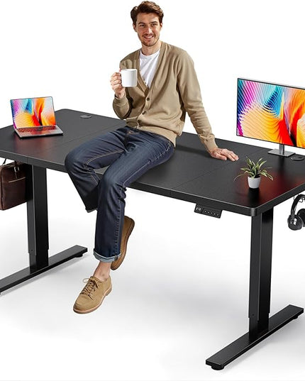 Electric Standing Desk Adjustable - 63x30 Inch Sit Stand Desk with 1 Inch Thick Tabletop, Double Beam Frame, 3 Memory Height Adjustment, Cable Management for Home Office