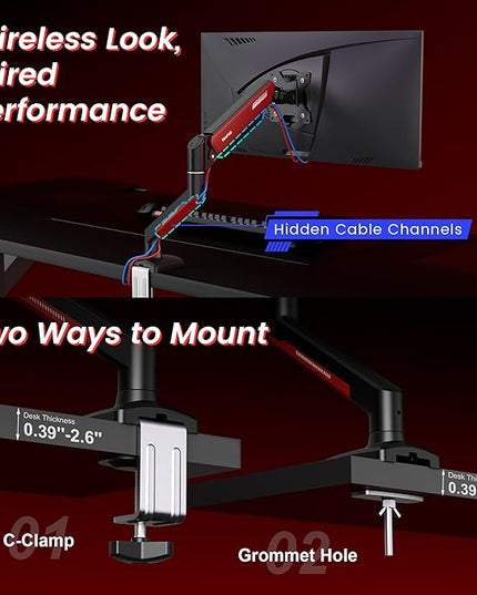 NearHub Gaming Monitor Mount for Computer Screen 13-32" and up to 22 lbs,360° Rotation,+90° to -45° Tilt,180° Swivel,with C Clamp and Grommet Base,Integrated Cable Management,75x75/100x100 VESA,RED