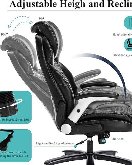 Big and Tall Office Chair,500lbs Capacity Ergonomic Desk Chair for Heavy People,PU Leather Swivel Rolling Computer Chair with Padded Flip-up Arms,High Back Executive Office Chair,Black