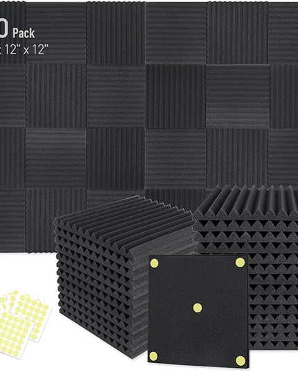 Focusound 50 Pack Acoustic Foam Panels 1" x 12" x 12" Sound Proof Foam Panles Soundproofing Noise Cancelling Wedge Panels for Home Office Recoding Studio with 300PCS Double-Side Adhesive
