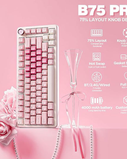 YUNZII B75 PRO Wireless Mechanical Keyboard,75% Layout with Knob,Hot Swap Gasket Custom Structure,Creamy Pre-lubed Switches,RGB Backlit,Bluetooth/Type-C/2.4G for Win/Mac(Cocoa Cream V2 Switch,Pink)