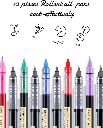 Frienda 12 Pieces Rolling Ball Pens 0.5 mm Japanese Quick Drying Fine Point Pens Liquid Ink Smooth Writing for Office Student Back to School Supplies(Classic Colors)