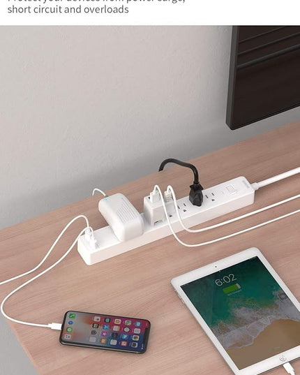 25ft Extension Cord Power Strip, 6 Outlets Surge Protector with 2 USB Ports, 15 A Circuit Breaker, Widely Spaced Outlet, Long Power Strip with Flat Plug Wall Mount for Home Office, Old House